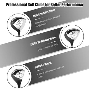 Men's Right Hand Complete Golf Clubs Set, 10 Pieces Golf Club Package Set with 460CC Alloy Driver, Fairway Wood, Putter & Golf Stand Bag