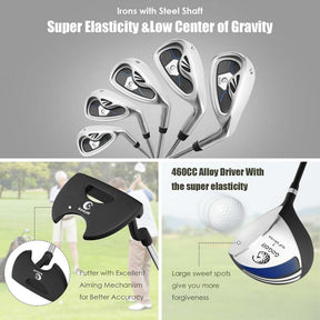 Men's Right Hand Complete Golf Clubs Set, 10 Pieces Golf Club Package Set with 460CC Alloy Driver, Fairway Wood, Putter & Golf Stand Bag