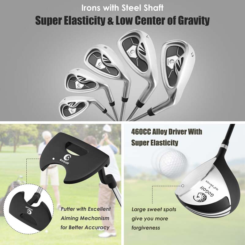 Men's Right Hand Complete Golf Clubs Set, 10 Pieces Golf Club Package Set with 460CC Alloy Driver, Fairway Wood, Putter & Golf Stand Bag