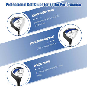 Men's Right Hand Complete Golf Clubs Set, 10 Pieces Golf Club Package Set with 460CC Alloy Driver, Fairway Wood, Putter & Golf Stand Bag