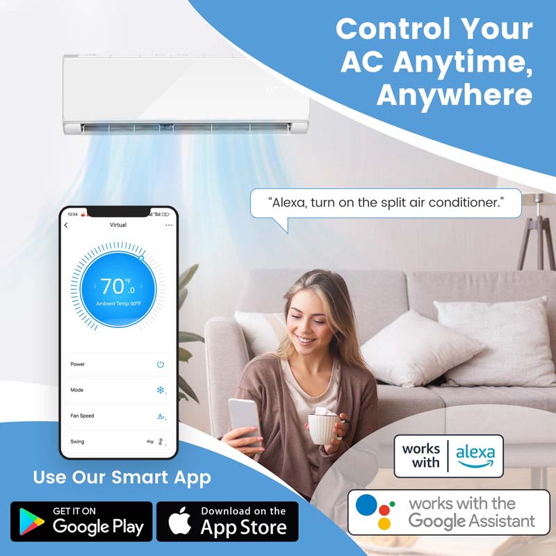 12000 BTU 22 SEER2 WiFi Mini Split Air Conditioner & Heater, 208-230V Inverter Ductless AC Heat Pump, Works with Alexa, Cools up to 750 Sq Ft