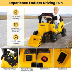 12V Kids Ride on Excavator, Battery Powered Bulldozer Digger with Adjustable Digging Bucket, Electric Construction Vehicle Toy for Toddlers