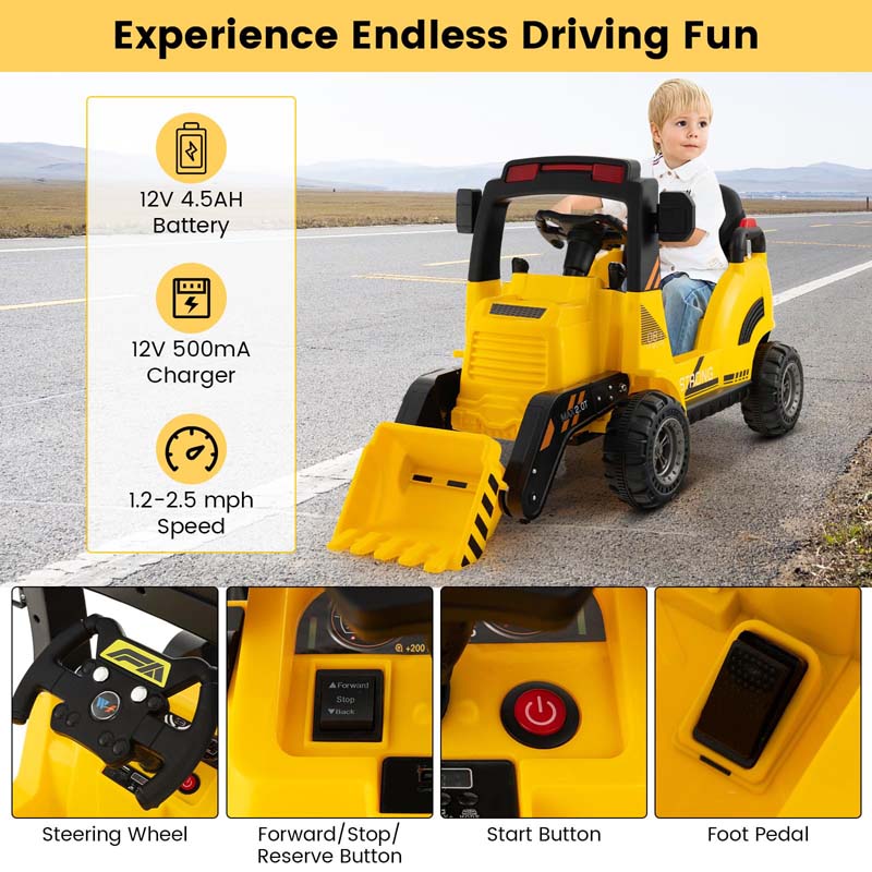 12V Kids Ride on Excavator, Battery Powered Bulldozer Digger with Adjustable Digging Bucket, Electric Construction Vehicle Toy for Toddlers