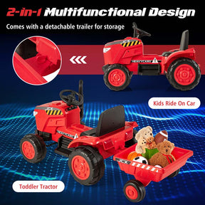 2-in-1 Kids Ride On Tractor, 12V Battery Powered Electric Toy Car with Trailer, LED Lights, Music, 3-Gear-Shift Ground Loader