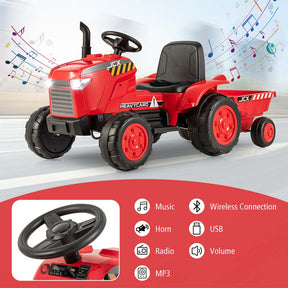 2-in-1 Kids Ride On Tractor, 12V Battery Powered Electric Toy Car with Trailer, LED Lights, Music, 3-Gear-Shift Ground Loader