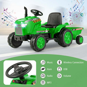 2-in-1 Kids Ride On Tractor, 12V Battery Powered Electric Toy Car with Trailer, LED Lights, Music, 3-Gear-Shift Ground Loader