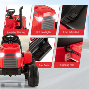 2-in-1 Kids Ride On Tractor, 12V Battery Powered Electric Toy Car with Trailer, LED Lights, Music, 3-Gear-Shift Ground Loader