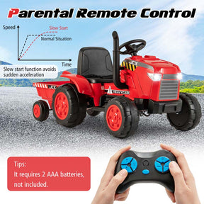 2-in-1 Kids Ride On Tractor, 12V Battery Powered Electric Toy Car with Trailer, LED Lights, Music, 3-Gear-Shift Ground Loader