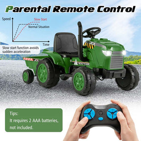 2-in-1 Kids Ride On Tractor, 12V Battery Powered Electric Toy Car with Trailer, LED Lights, Music, 3-Gear-Shift Ground Loader