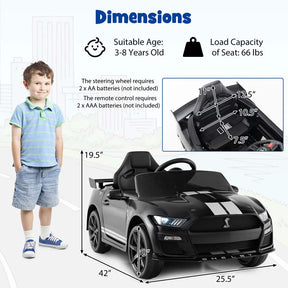 12V Kids Ride-On Car, Licensed Ford Mustang Shelby GT500 Electric Vehicle Racing Car with Remote Control, 2 Speeds & LED Lights for Ages 3-8
