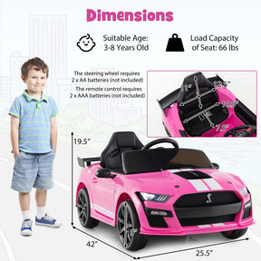 12V Kids Ride-On Car, Licensed Ford Mustang Shelby GT500 Electric Vehicle Racing Car with Remote Control, 2 Speeds & LED Lights for Ages 3-8