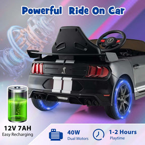 12V Kids Ride-On Car, Licensed Ford Mustang Shelby GT500 Electric Vehicle Racing Car with Remote Control, 2 Speeds & LED Lights for Ages 3-8
