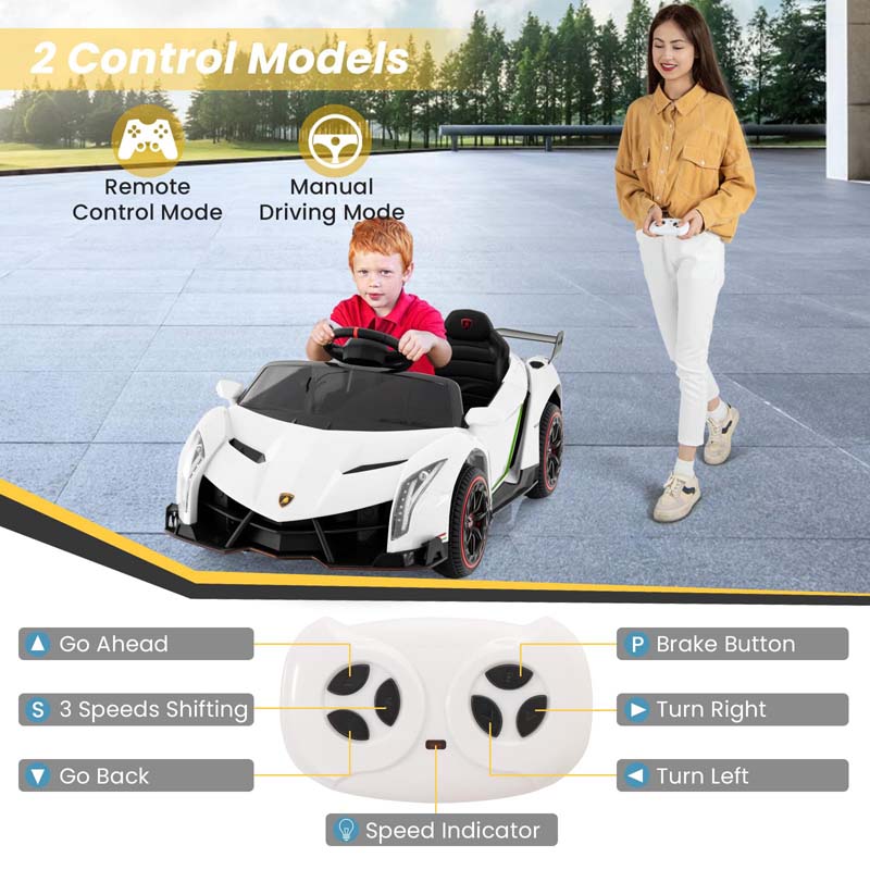 12V Licensed Lamborghini 4WD Kids Ride On Sports Car, Electric Vehicle with Remote Control, 3 Speeds, Hydraulic Doors, LED Lights & Music
