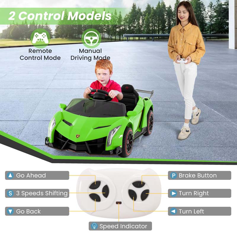 12V Licensed Lamborghini 4WD Kids Ride On Sports Car, Electric Vehicle with Remote Control, 3 Speeds, Hydraulic Doors, LED Lights & Music