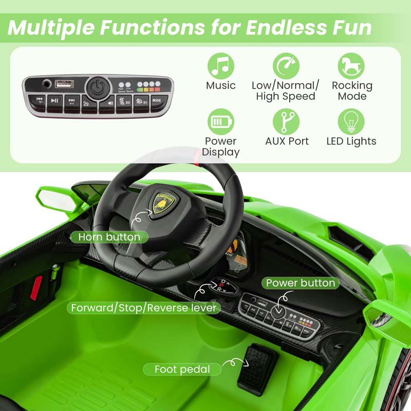 12V Licensed Lamborghini 4WD Kids Ride On Sports Car, Electric Vehicle with Remote Control, 3 Speeds, Hydraulic Doors, LED Lights & Music