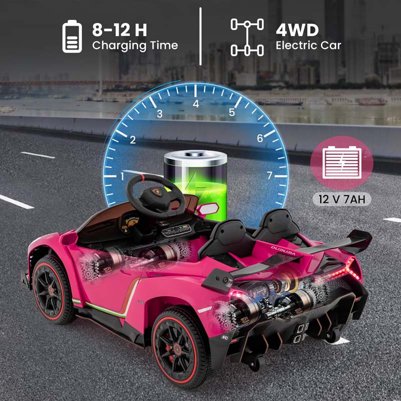 12V Licensed Lamborghini 4WD Kids Ride On Sports Car, Electric Vehicle with Remote Control, 3 Speeds, Hydraulic Doors, LED Lights & Music
