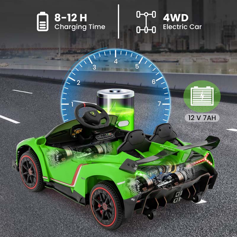 12V Licensed Lamborghini 4WD Kids Ride On Sports Car, Electric Vehicle with Remote Control, 3 Speeds, Hydraulic Doors, LED Lights & Music