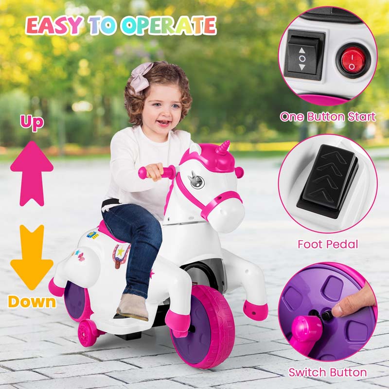 12V Unicorn Ride on Toy with Training Wheels & Horse Riding Mode, 3-Wheeler Battery Powered Motorized Electric Ride on Pony Toy Car for Kids