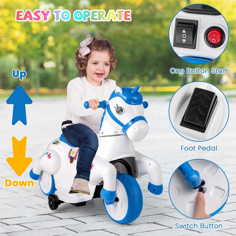 12V Unicorn Ride on Toy with Training Wheels & Horse Riding Mode, 3-Wheeler Battery Powered Motorized Electric Ride on Pony Toy Car for Kids