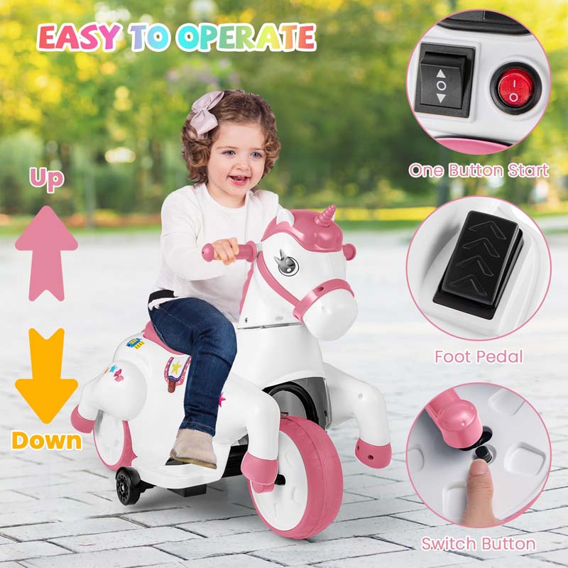 12V Unicorn Ride on Toy with Training Wheels & Horse Riding Mode, 3-Wheeler Battery Powered Motorized Electric Ride on Pony Toy Car for Kids