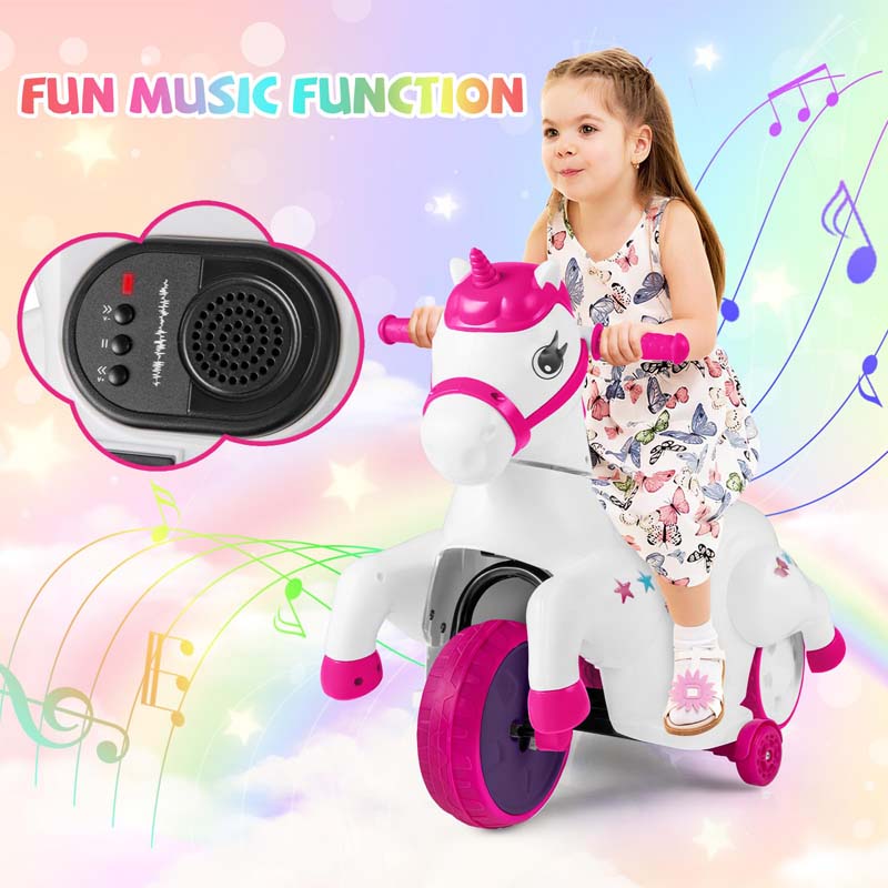 12V Unicorn Ride on Toy with Training Wheels & Horse Riding Mode, 3-Wheeler Battery Powered Motorized Electric Ride on Pony Toy Car for Kids