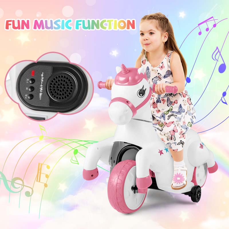 12V Unicorn Ride on Toy with Training Wheels & Horse Riding Mode, 3-Wheeler Battery Powered Motorized Electric Ride on Pony Toy Car for Kids