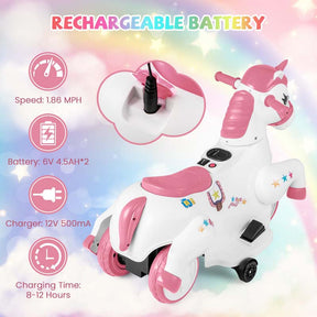 12V Unicorn Ride on Toy with Training Wheels & Horse Riding Mode, 3-Wheeler Battery Powered Motorized Electric Ride on Pony Toy Car for Kids