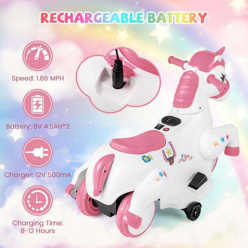 12V Unicorn Ride on Toy with Training Wheels & Horse Riding Mode, 3-Wheeler Battery Powered Motorized Electric Ride on Pony Toy Car for Kids