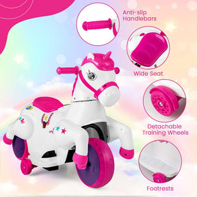 12V Unicorn Ride on Toy with Training Wheels & Horse Riding Mode, 3-Wheeler Battery Powered Motorized Electric Ride on Pony Toy Car for Kids