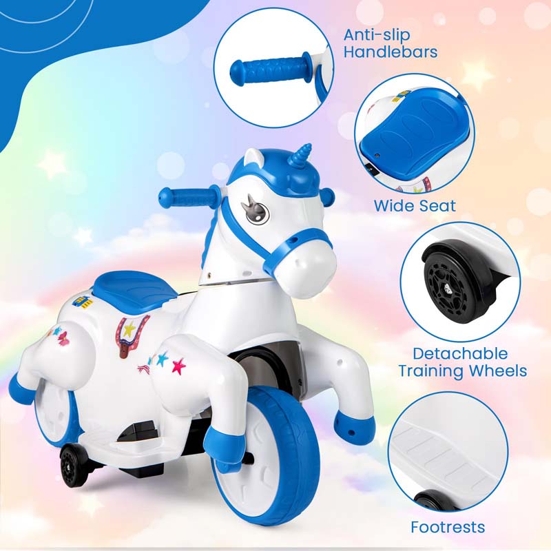 12V Unicorn Ride on Toy with Training Wheels & Horse Riding Mode, 3-Wheeler Battery Powered Motorized Electric Ride on Pony Toy Car for Kids