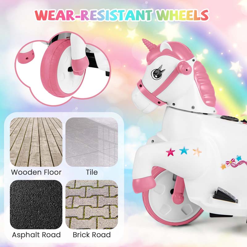 12V Unicorn Ride on Toy with Training Wheels & Horse Riding Mode, 3-Wheeler Battery Powered Motorized Electric Ride on Pony Toy Car for Kids