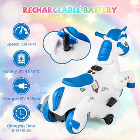 12V Unicorn Ride on Toy with Training Wheels & Horse Riding Mode, 3-Wheeler Battery Powered Motorized Electric Ride on Pony Toy Car for Kids