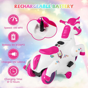 12V Unicorn Ride on Toy with Training Wheels & Horse Riding Mode, 3-Wheeler Battery Powered Motorized Electric Ride on Pony Toy Car for Kids