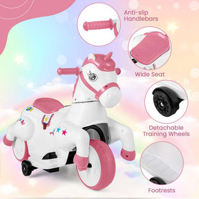 12V Unicorn Ride on Toy with Training Wheels & Horse Riding Mode, 3-Wheeler Battery Powered Motorized Electric Ride on Pony Toy Car for Kids