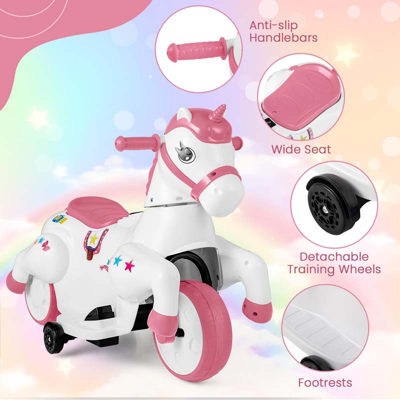 12V Unicorn Ride on Toy with Training Wheels & Horse Riding Mode, 3-Wheeler Battery Powered Motorized Electric Ride on Pony Toy Car for Kids