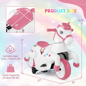 12V Unicorn Ride on Toy with Training Wheels & Horse Riding Mode, 3-Wheeler Battery Powered Motorized Electric Ride on Pony Toy Car for Kids