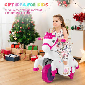 12V Unicorn Ride on Toy with Training Wheels & Horse Riding Mode, 3-Wheeler Battery Powered Motorized Electric Ride on Pony Toy Car for Kids
