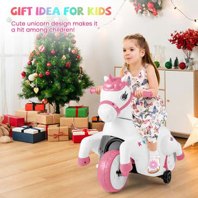 12V Unicorn Ride on Toy with Training Wheels & Horse Riding Mode, 3-Wheeler Battery Powered Motorized Electric Ride on Pony Toy Car for Kids