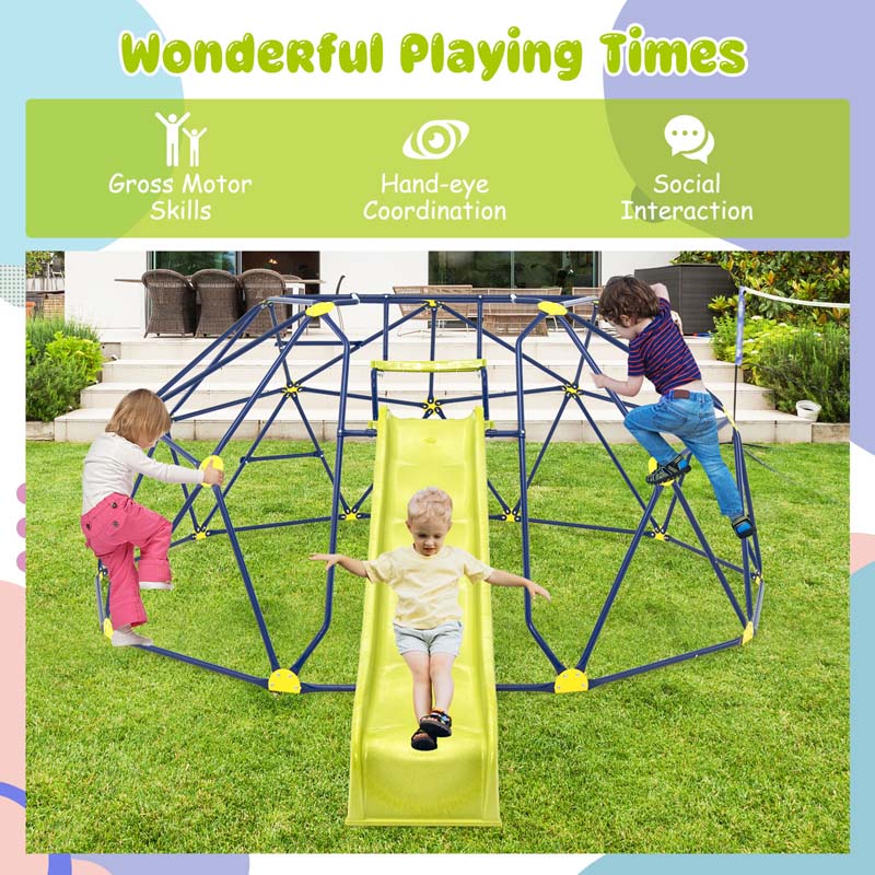 13.3 FT Geometric Climbing Dome Jungle Gym with Extended Wavy Slide & 2 Platforms, Heavy-Duty Steel Outdoor Climber for Kids Playground