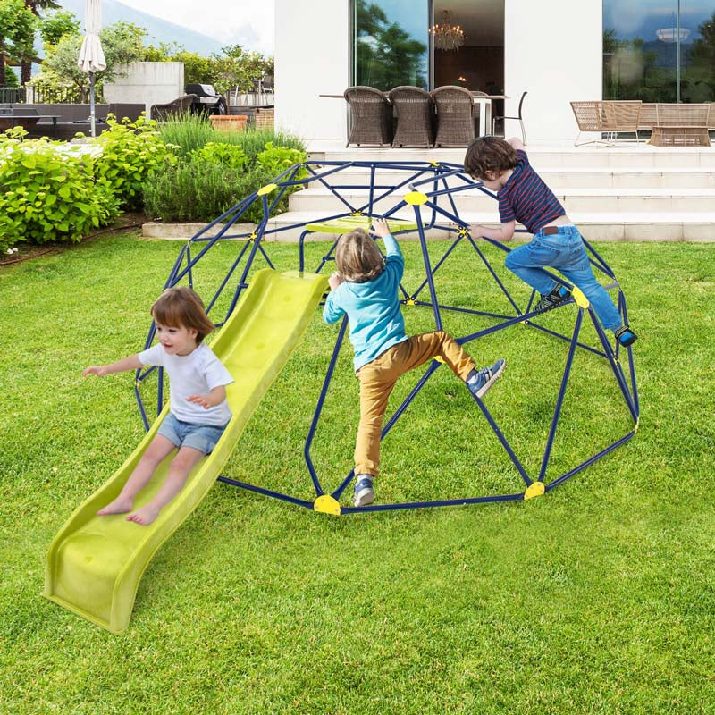 13.3 FT Geometric Climbing Dome Jungle Gym with Extended Wavy Slide & 2 Platforms, Heavy-Duty Steel Outdoor Climber for Kids Playground