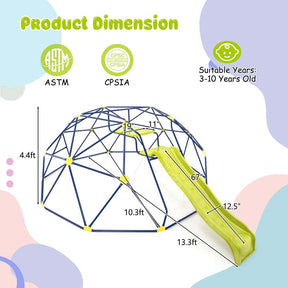 13.3 FT Geometric Climbing Dome Jungle Gym with Extended Wavy Slide & 2 Platforms, Heavy-Duty Steel Outdoor Climber for Kids Playground