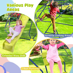 13.3 FT Geometric Climbing Dome Jungle Gym with Extended Wavy Slide & 2 Platforms, Heavy-Duty Steel Outdoor Climber for Kids Playground