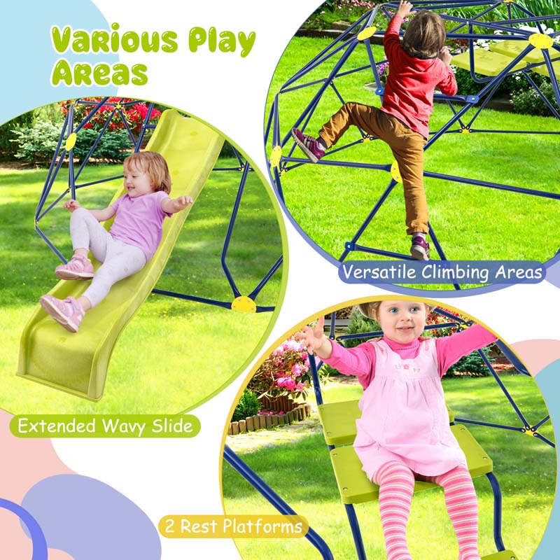13.3 FT Geometric Climbing Dome Jungle Gym with Extended Wavy Slide & 2 Platforms, Heavy-Duty Steel Outdoor Climber for Kids Playground