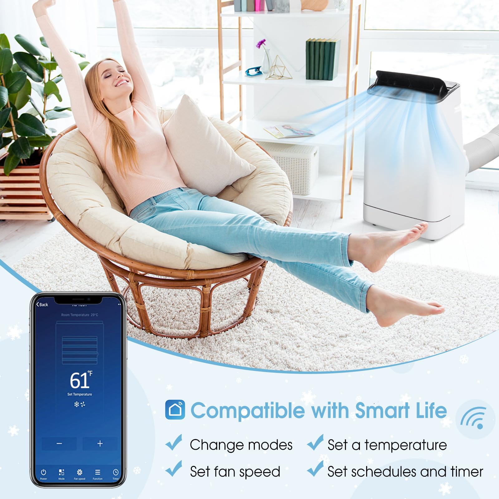 15000 BTU 4-in-1 Portable Air Conditioner with Heat, Auto Swing, Dehumidifier, Remote/APP Control & Window Kit