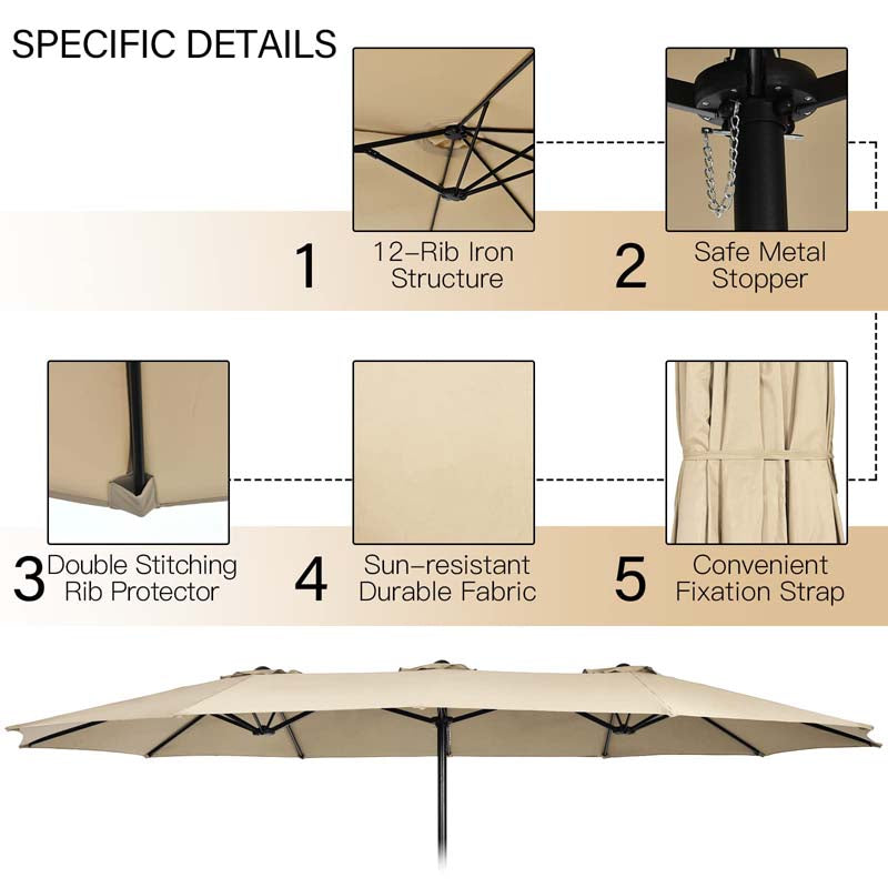 15FT Double Sided Patio Umbrella with Cross Base & Crank, Extra Large Steel Outdoor Market Umbrella UV Protection for Backyard, Poolside