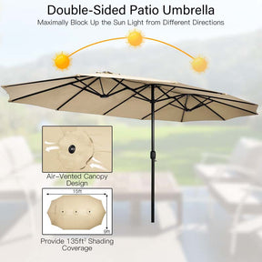 15FT Double Sided Patio Umbrella with Cross Base & Crank, Extra Large Steel Outdoor Market Umbrella UV Protection for Backyard, Poolside