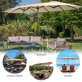 15FT Double Sided Patio Umbrella with Cross Base & Crank, Extra Large Steel Outdoor Market Umbrella UV Protection for Backyard, Poolside