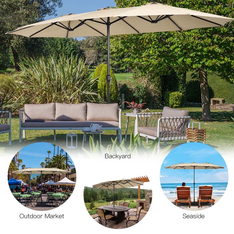 15FT Double Sided Patio Umbrella with Cross Base & Crank, Extra Large Steel Outdoor Market Umbrella UV Protection for Backyard, Poolside