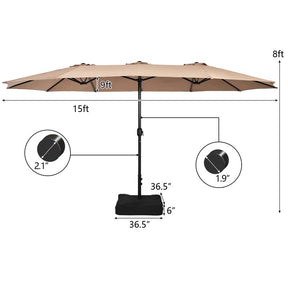 15FT Double Sided Patio Umbrella with Cross Base & Crank, Extra Large Steel Outdoor Market Umbrella UV Protection for Backyard, Poolside