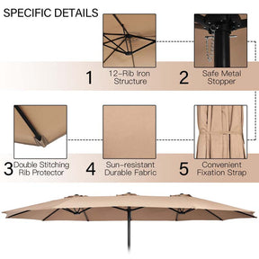 15FT Double Sided Patio Umbrella with Cross Base & Crank, Extra Large Steel Outdoor Market Umbrella UV Protection for Backyard, Poolside